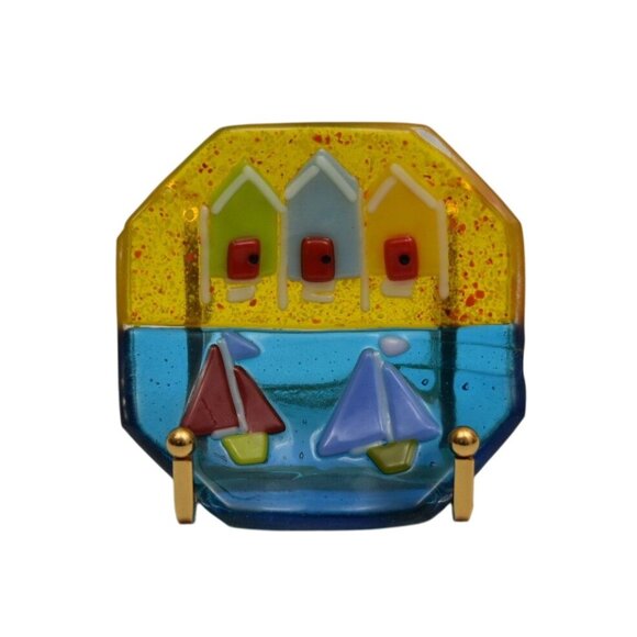 Hazel Millington Fused Glass Beach Scene Plate  Sailboats with Stand - Picture 3 of 4
